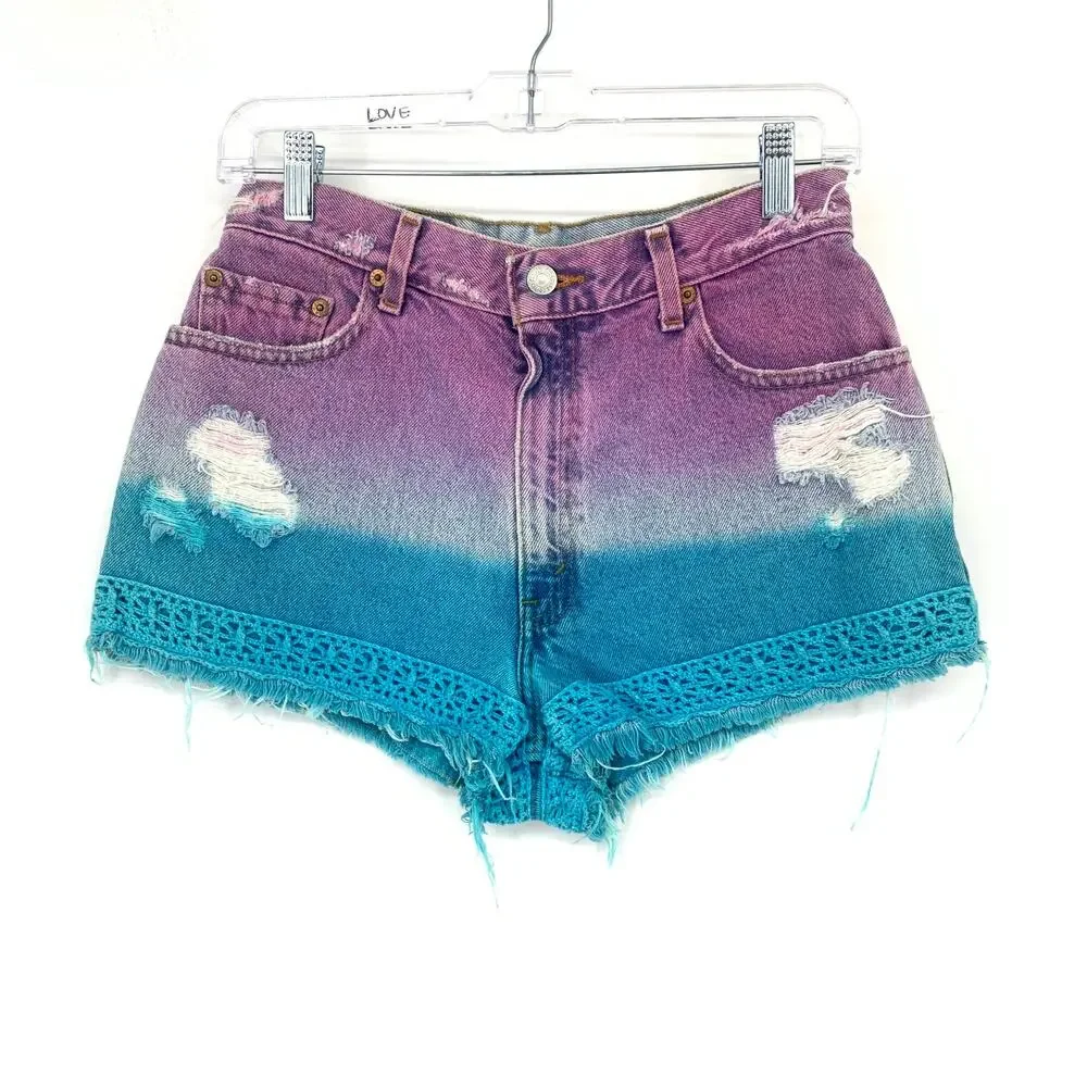 Vintage Upcycled Levis 550 Cut Off Denim Shorts Womens Sz 28